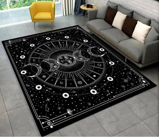 Decorative rug with celestial design in a living room setting