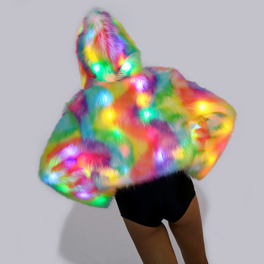 Colorful LED hooded garment on a plain background
