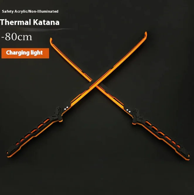 Two crossed swords with orange blades and black handles on a dark background.