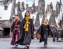 Three people in Harry Potter-themed outfits standing in front of a castle-like structure.