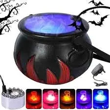 Halloween-themed light-up cauldron with colorful LED lights and a plug on a white background.