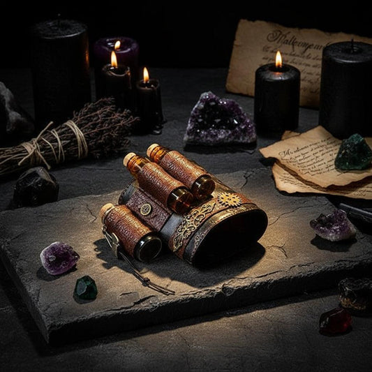 Steampunk-style leather arm band with three small bottles on a white background
