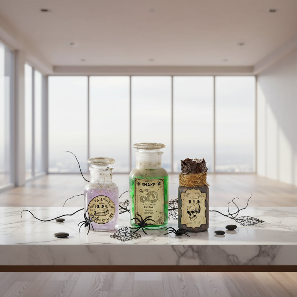 Collection of vintage-style poison bottles with labels on a wooden surface.