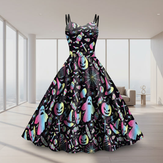 Halloween-themed A-Line Cocktail dress with colorful patterns on a white background