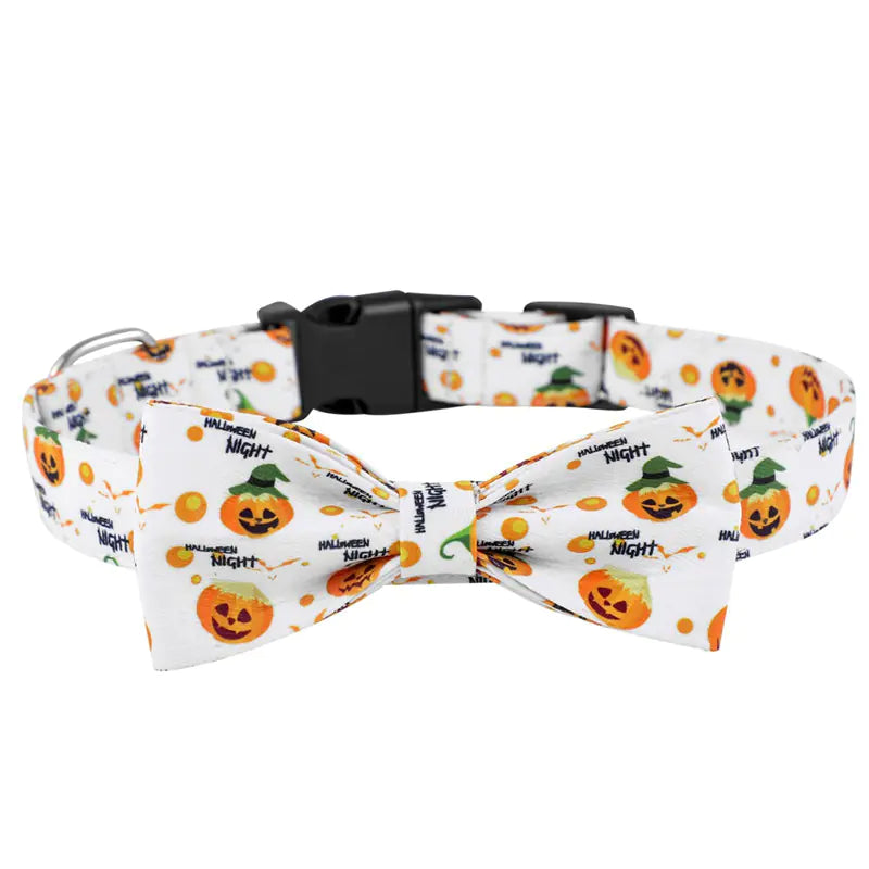 Dog collar with Halloween-themed design featuring pumpkins and text on a white background