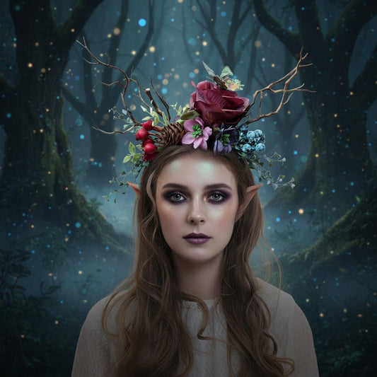 Exaggerated Christmas Antler Headband with Floral Accents Sorceress Sanctuary