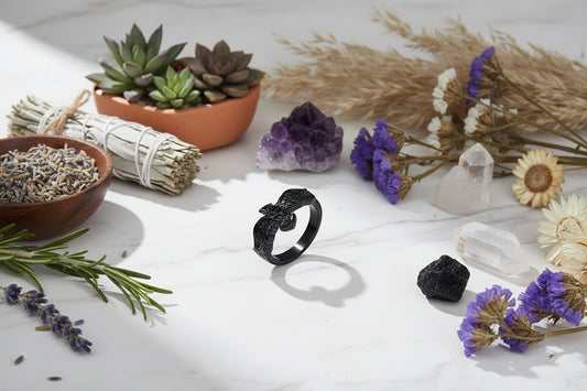 Black ring with intricate design on a light gray background