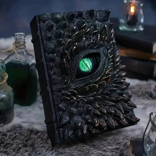 Dragon-themed notebook with glowing green eye on a mystical background