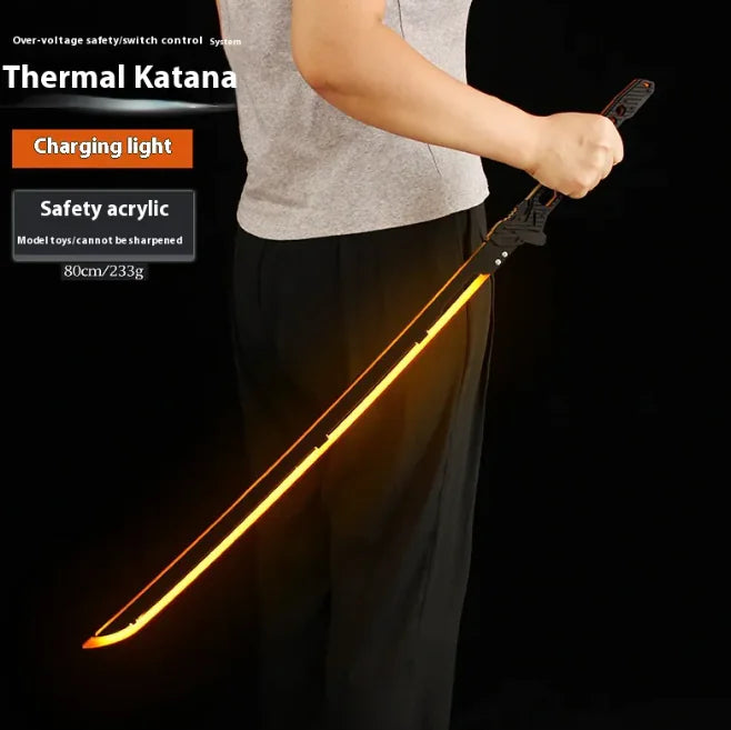 Person holding a glowing katana sword with text about its features on a black background