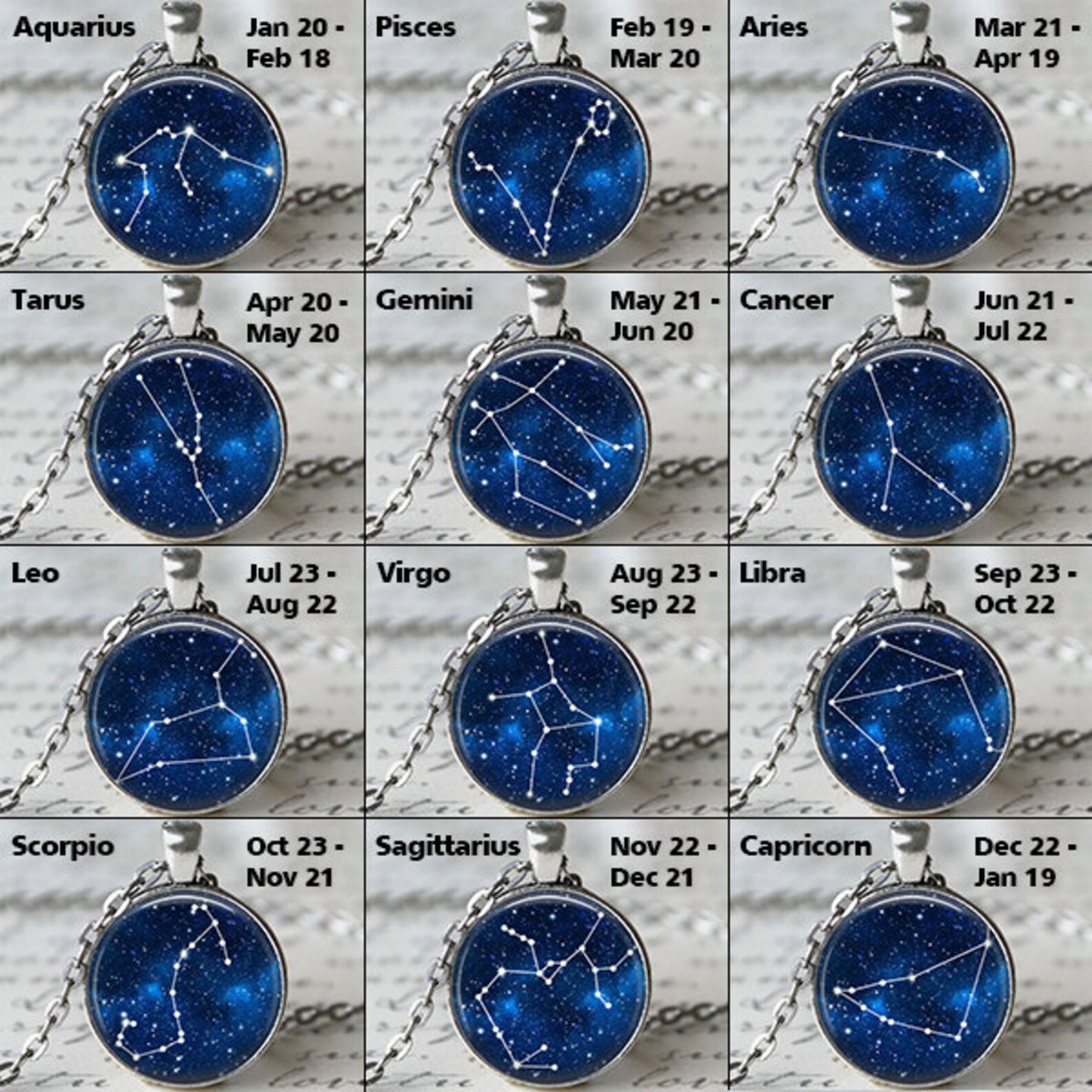 Grid of zodiac sign pendants with corresponding dates on a neutral background
