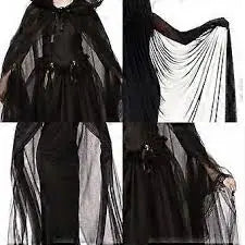 Gothic-style black dress with sheer overlay and white accents on a plain background