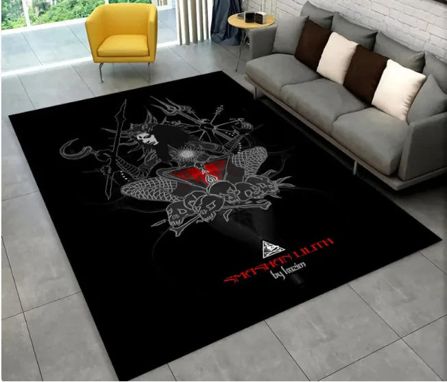 Black rug with butterfly design in a living room setting