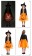 Four small figures in orange and black outfits with a red circle on a white background