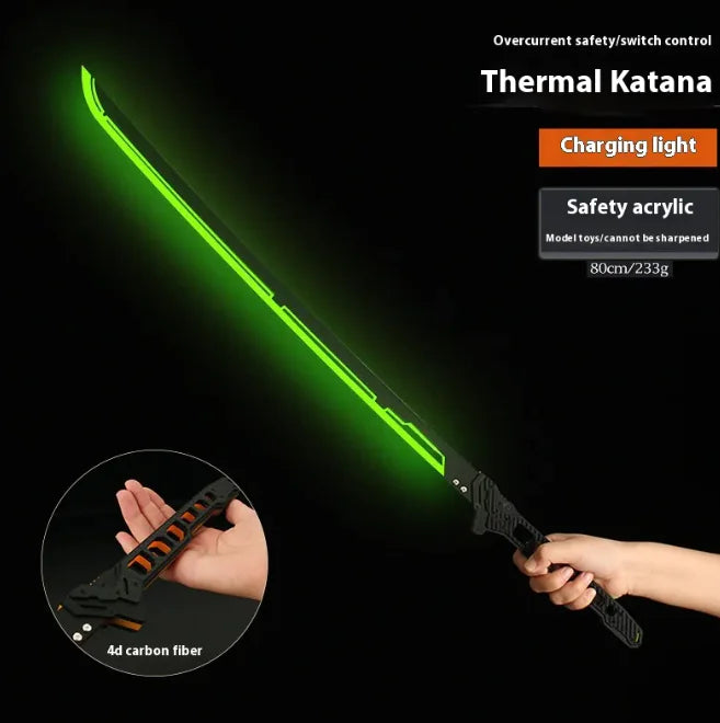 Glowing green thermal katana with charging light feature on a black background
