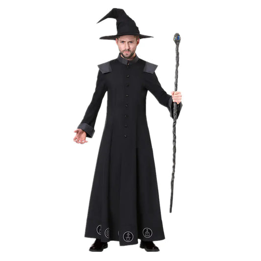 Person wearing a black wizard costume with a hat and staff on a white background
