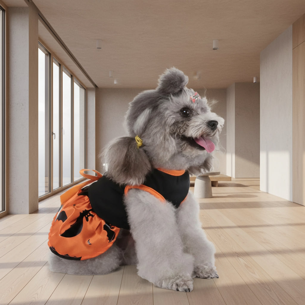 Dog wearing an orange and black Halloween costume with a backpack on a white background