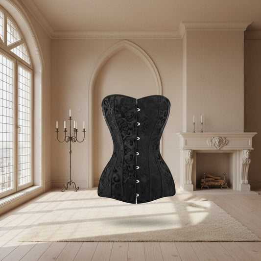 Black lace-up corset on a white background