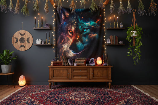 Person holding a colorful wolf-themed blanket in a room with a lamp and cat tree.