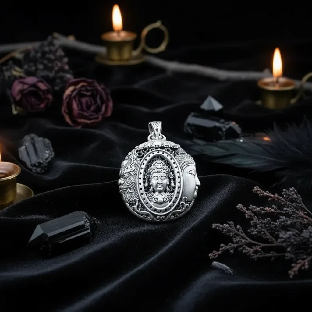 Pure Buddha Pendant - Sorceress Sanctuary Buddha and devil pendant with pearl steel chain-One thought Buddha and devil pendant with twisted chain-One thought Buddha and devil pendant with dragon bone chain-Buddha and devil pendant with leather strap