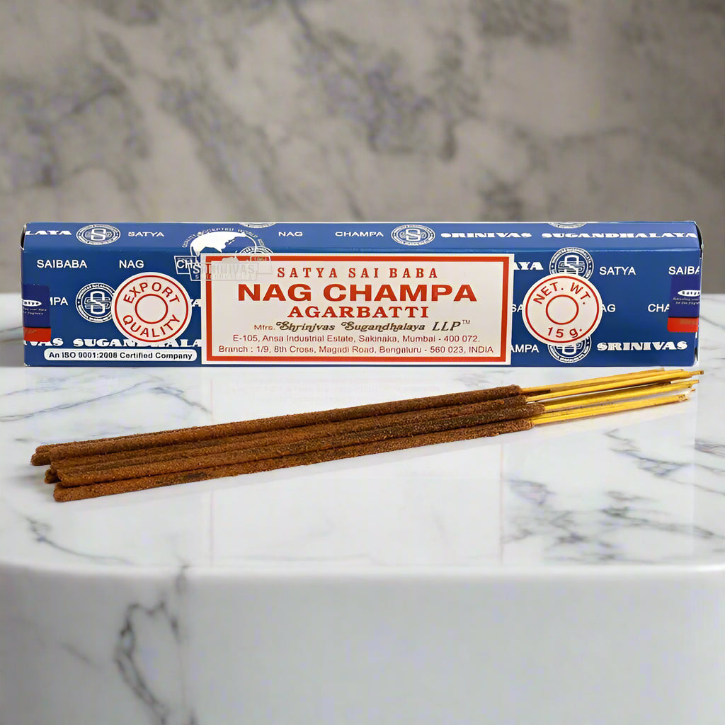 Box of Satya Sai Baba Nag Champa incense sticks on a white background