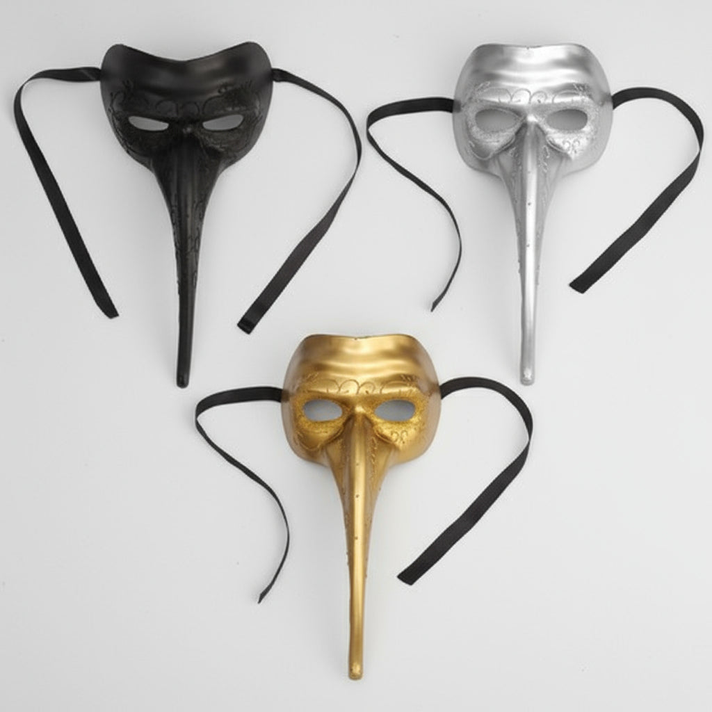 Three elegant glitter halloween masks in black, gold, and silver on a white background