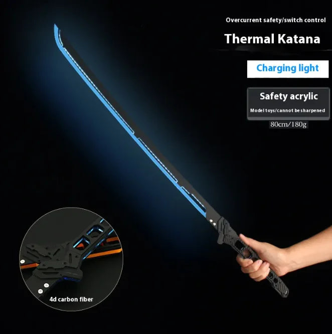 Thermal Katana with charging light held by a hand on a dark background