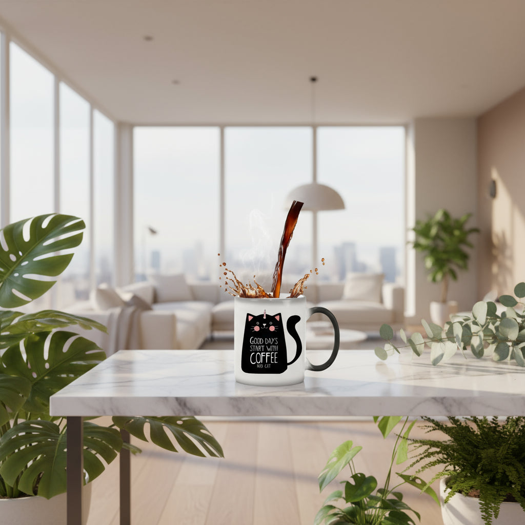 Black mug on the left and white mug with a cat design on the right, filled with coffee.