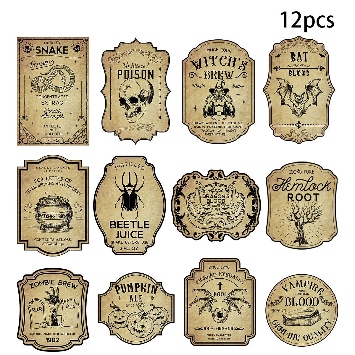 Set of 12 vintage-style potion labels with different designs on a white background.
