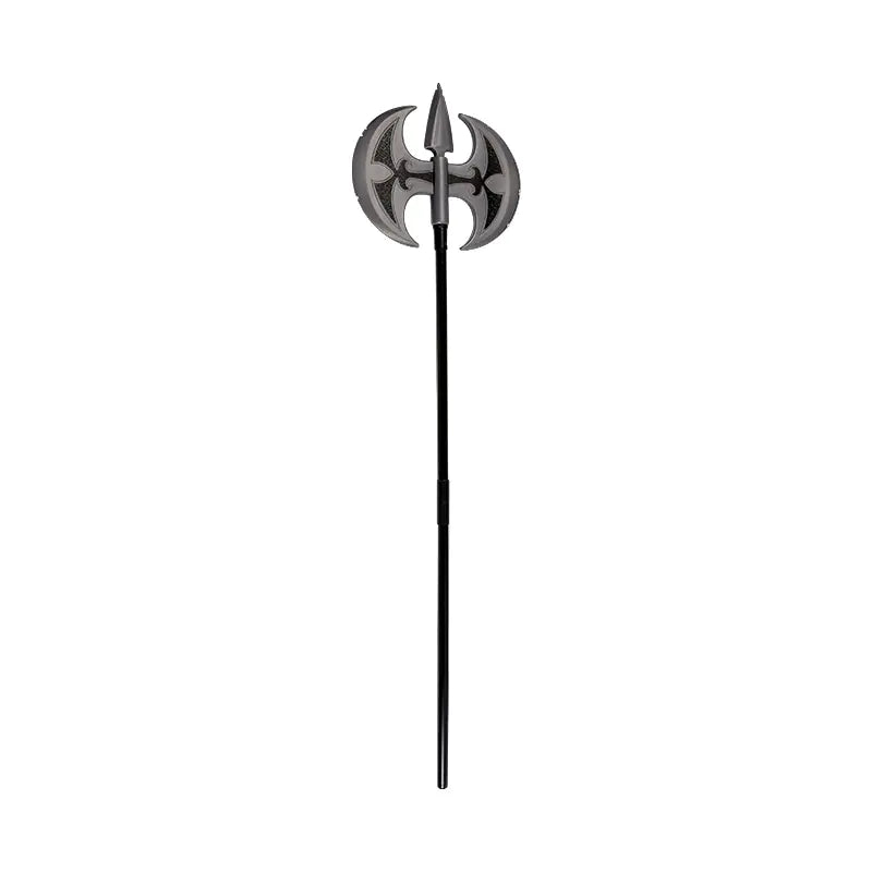 Decorative axe with a black handle and silver head on a white background