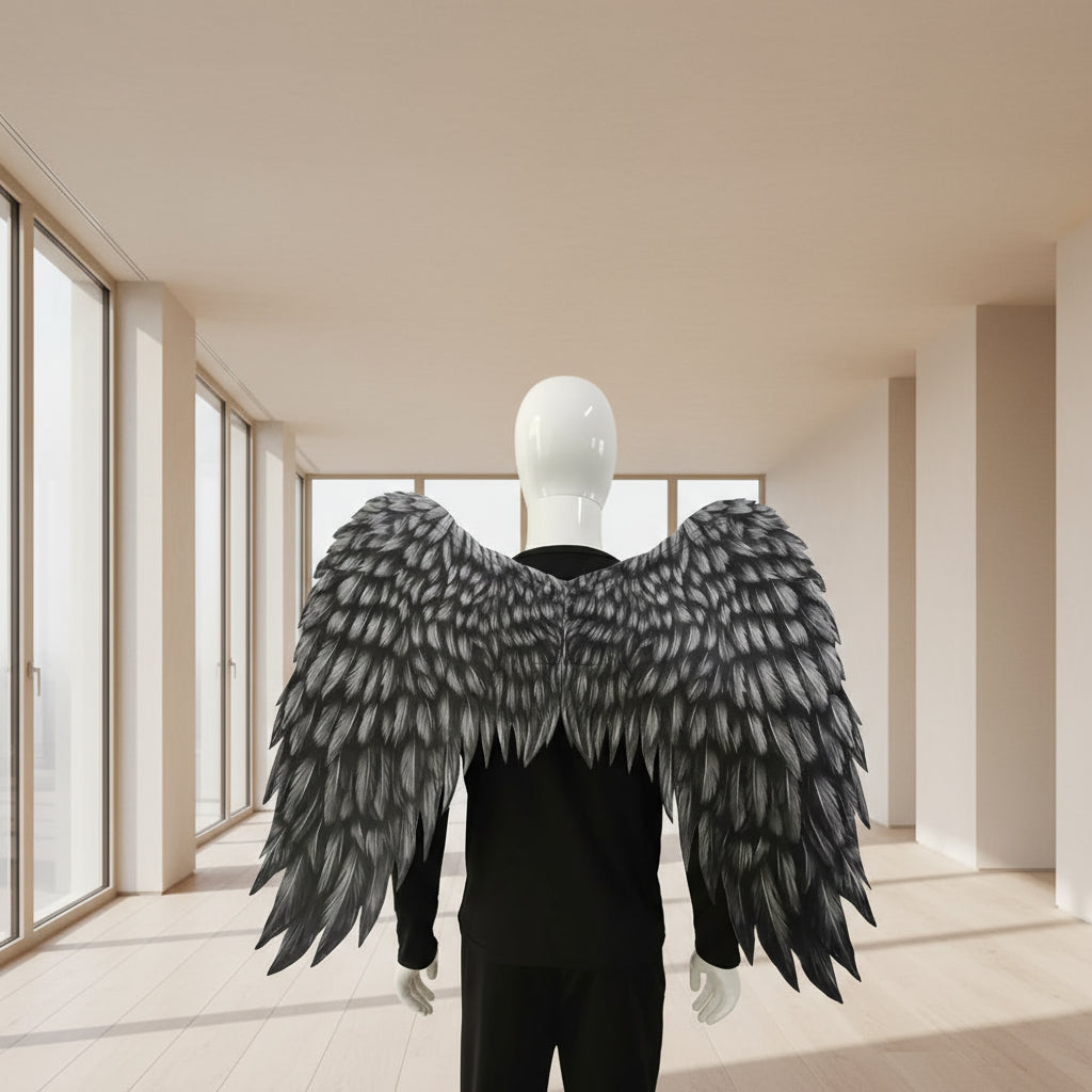 Black and gray feathered wings on a mannequin against a white background