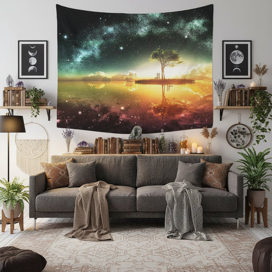 Tapestry with a tree and sunset design hanging on a wall above a sofa.