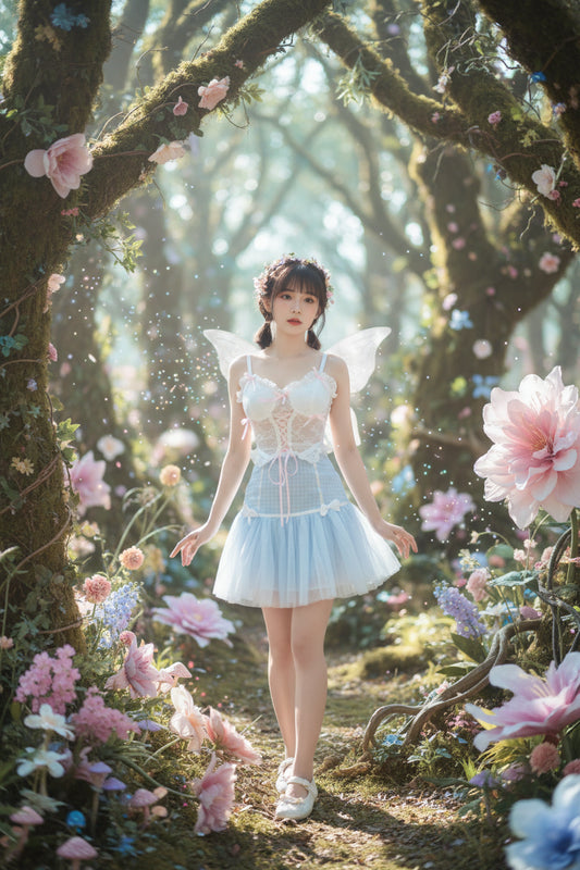 Person wearing a white lace top with pink ribbons in an indoor setting