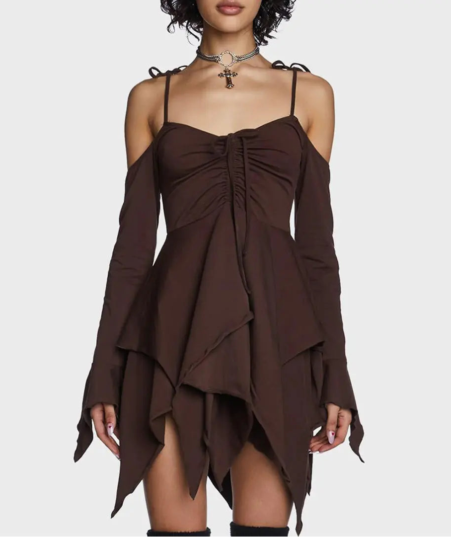 Brown dress with long sleeves and cut-out shoulders on a white background