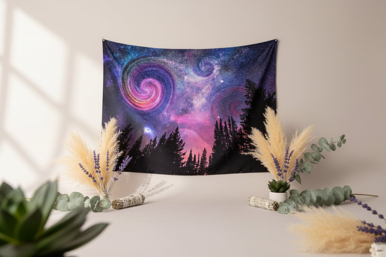 Galaxy tapestry hanging above a bed in a bedroom