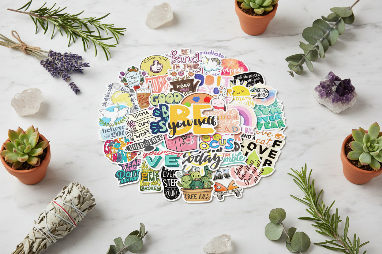Collection of colorful stickers with motivational phrases and graphics on a white background