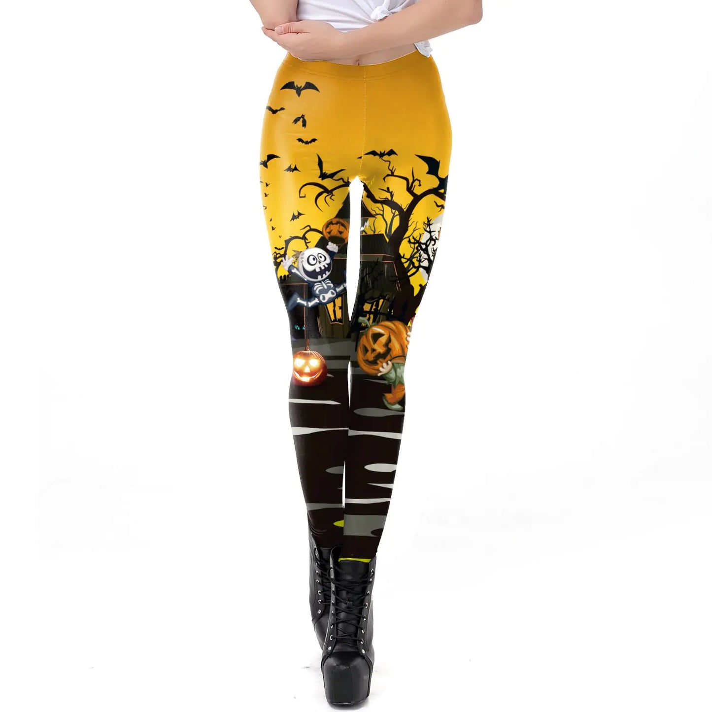 Halloween-themed leggings with pumpkins, ghosts, and bats on a yellow background.