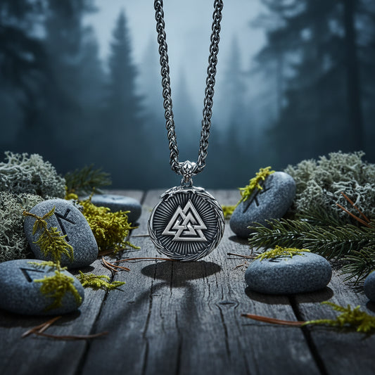 Silver necklace with a detailed pendant on a white background