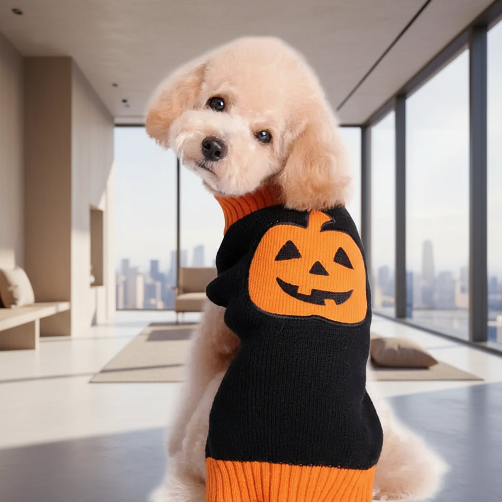 Dog wearing a Halloween-themed sweater with a jack-o'-lantern design on a white background
