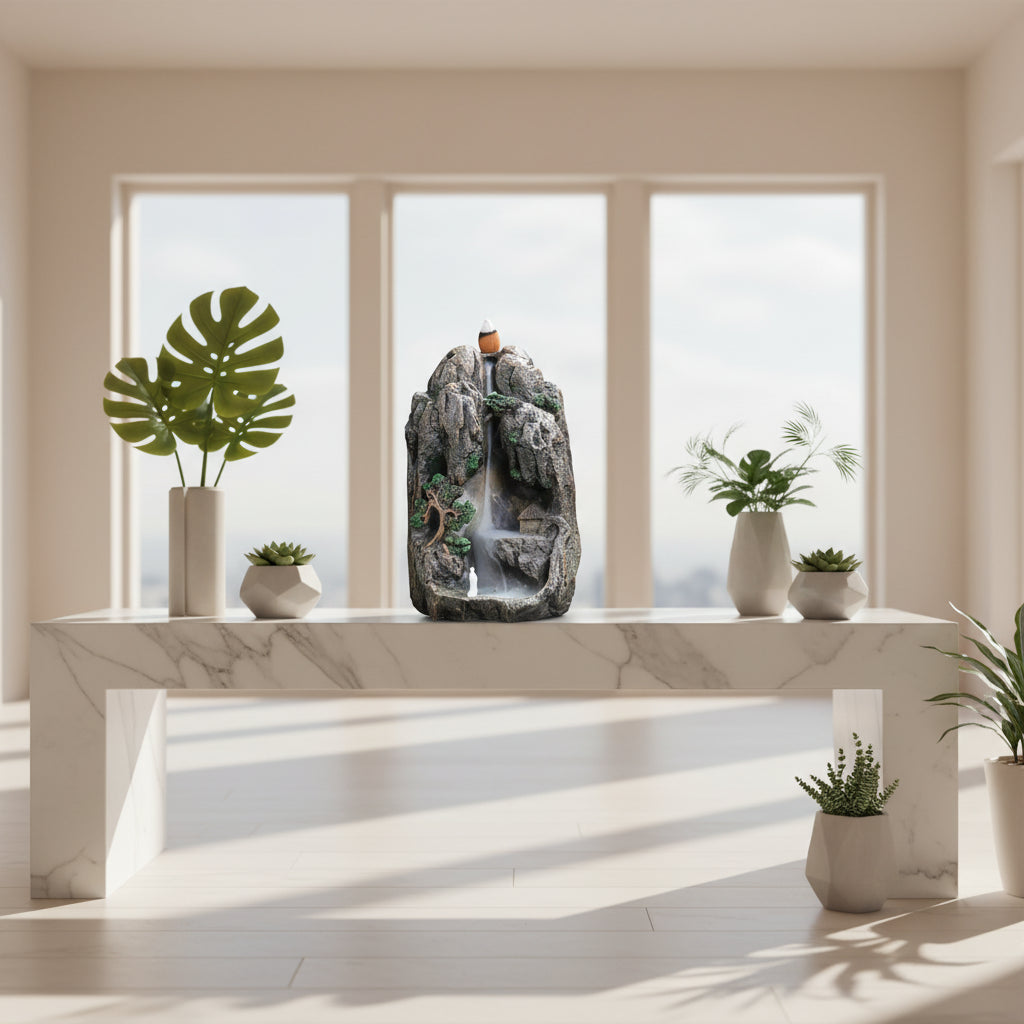 Decorative rock fountain with waterfall on a white background