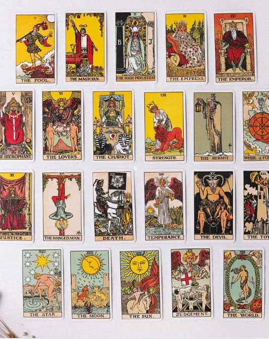 tarot cards spread with crystals in background for witchcraft supplies