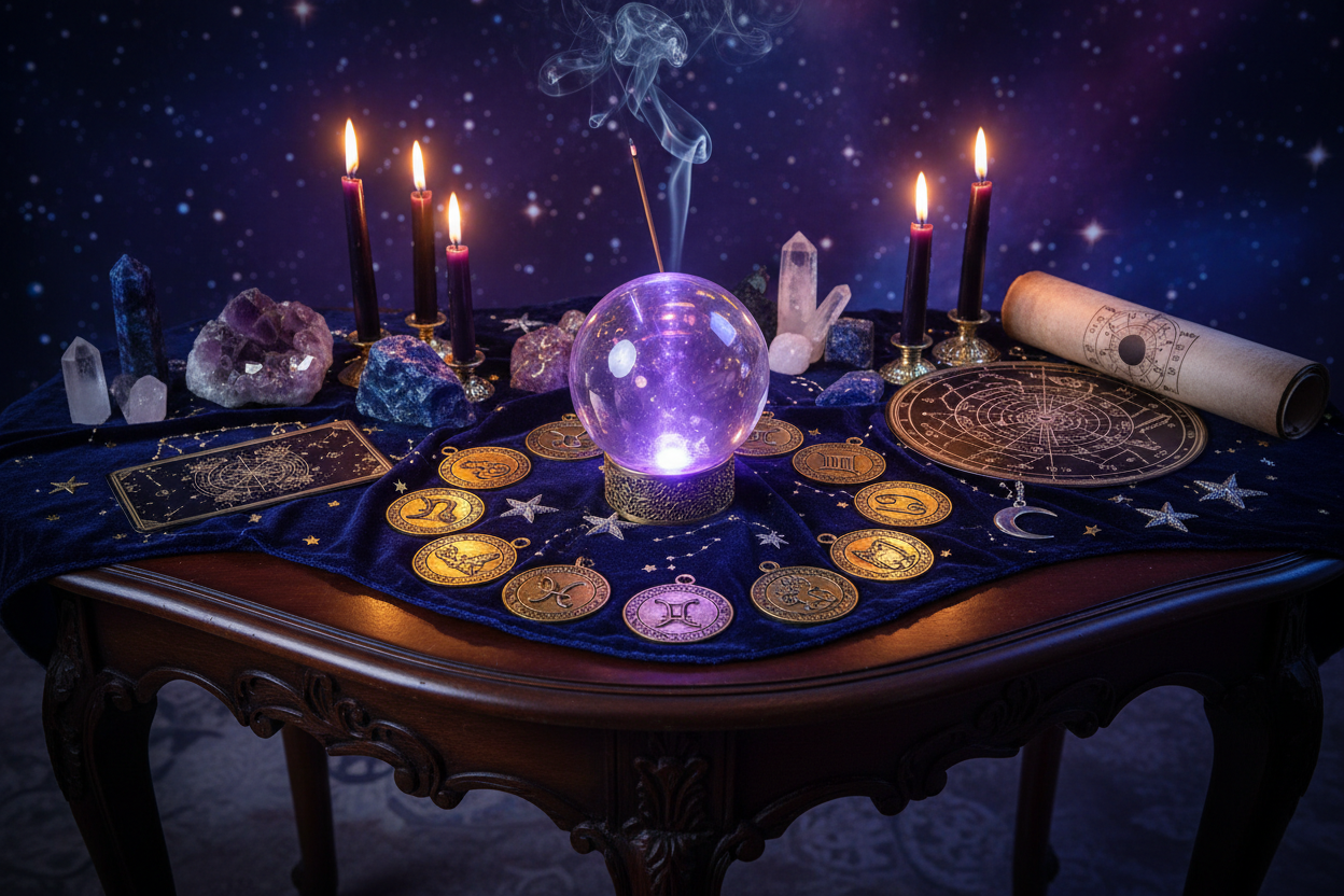 witchcraft supplies alter with glowing purple orb