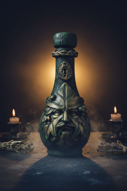 Decorative bottle with a green man design held by a hand on a wooden surface.