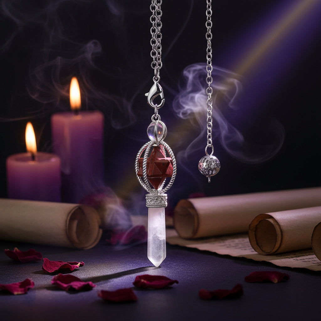 Jewelry pendant with red stone and clear crystal on a black background