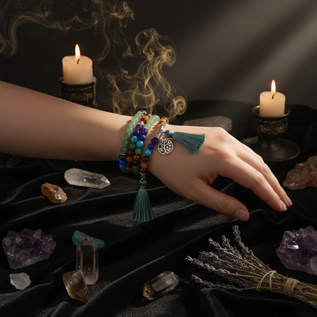Multicolored beaded bracelet with a tassel and tree of life charm on a wrist.