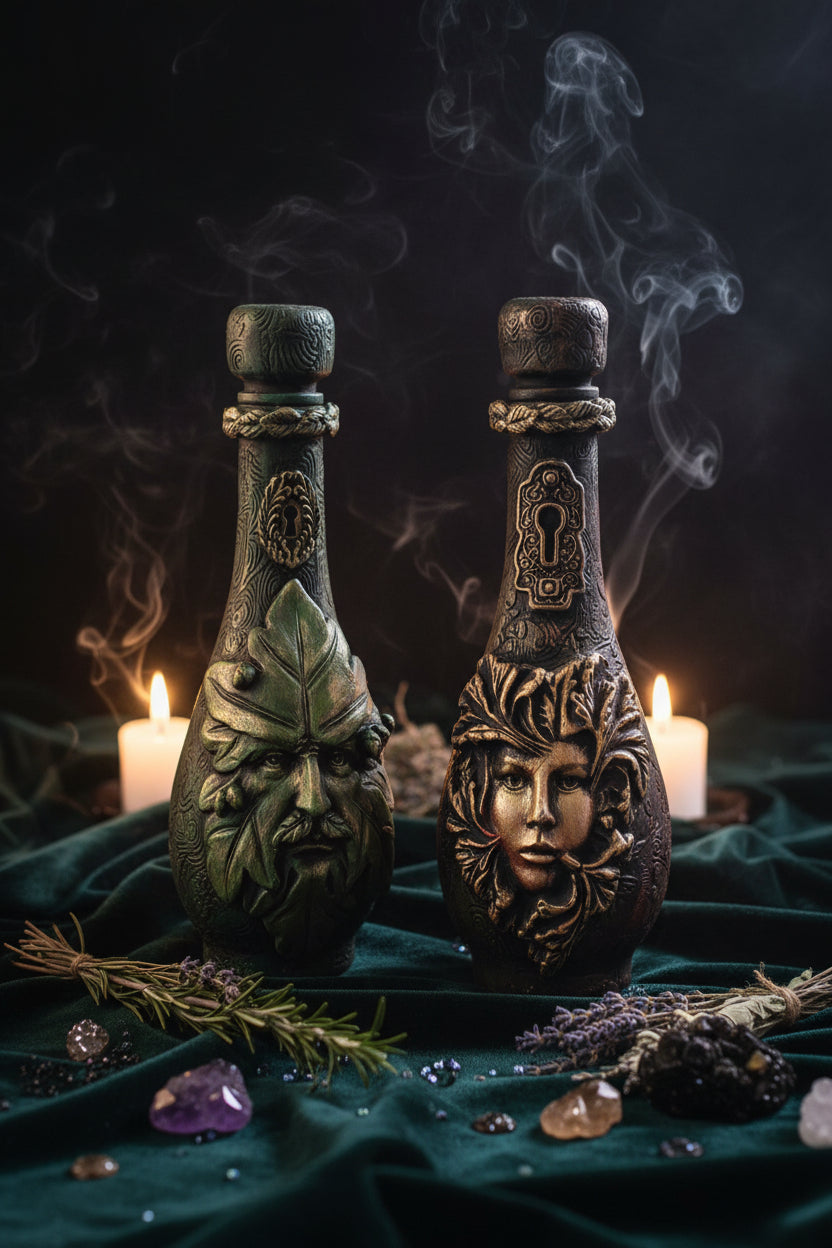 Two decorative bottles with green man faces on a wooden background