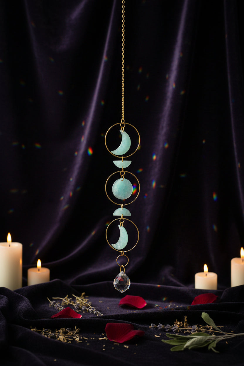 Decorative hanging chain with turquoise stones on a neutral background