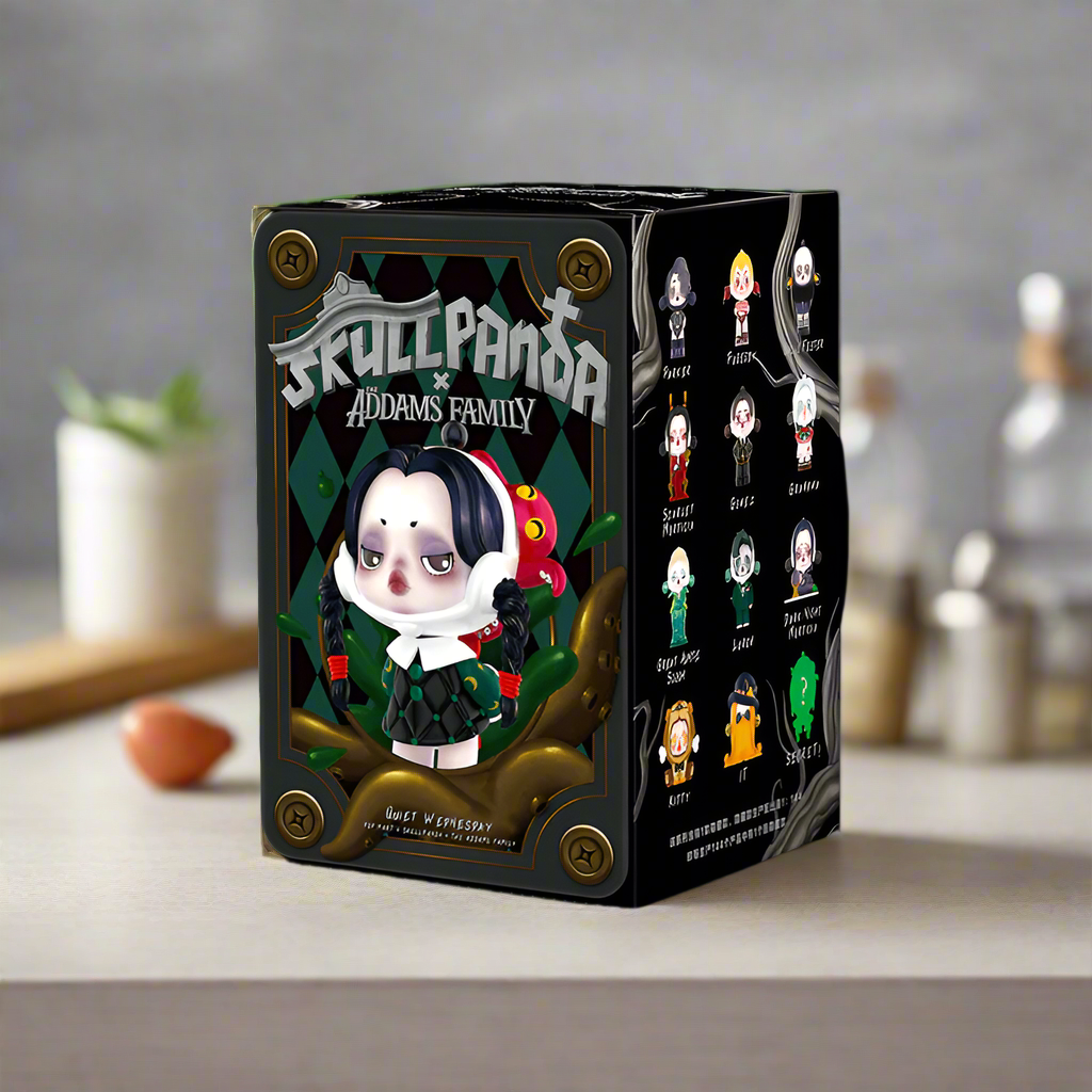 Skullpanda Addams Family figurine packaging on a dark background