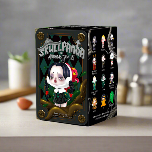 Skullpanda Addams Family figurine packaging on a dark background