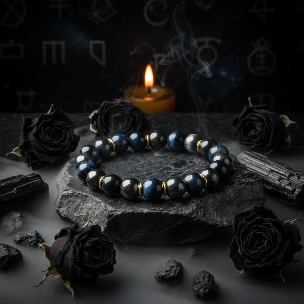 Black beaded bracelet with gold accents on a white background