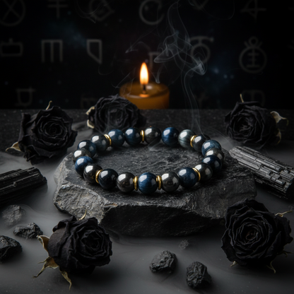 Black beaded bracelet with gold accents on a white background
